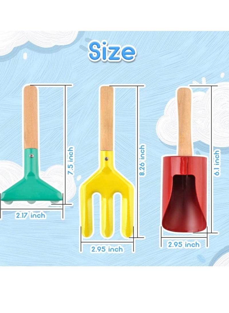 Beach Toy Set 6 Piece Kids Tools with Spoon Shovel Rake Fork Trowel Dirt Digging Toys Metal Wooden Handles for Children