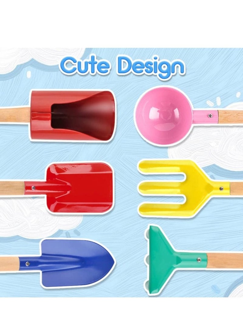 Beach Toy Set 6 Piece Kids Tools with Spoon Shovel Rake Fork Trowel Dirt Digging Toys Metal Wooden Handles for Children