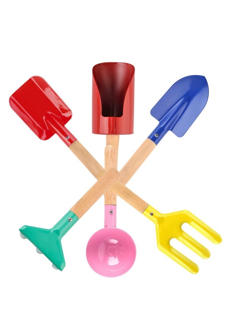 Beach Toy Set 6 Piece Kids Tools with Spoon Shovel Rake Fork Trowel Dirt Digging Toys Metal Wooden Handles for Children