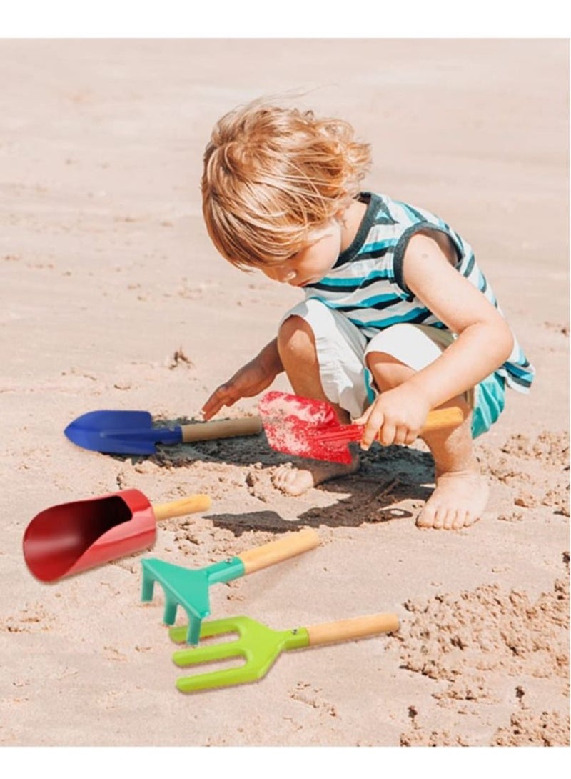 Beach Toy Set 6 Piece Kids Tools with Spoon Shovel Rake Fork Trowel Dirt Digging Toys Metal Wooden Handles for Children