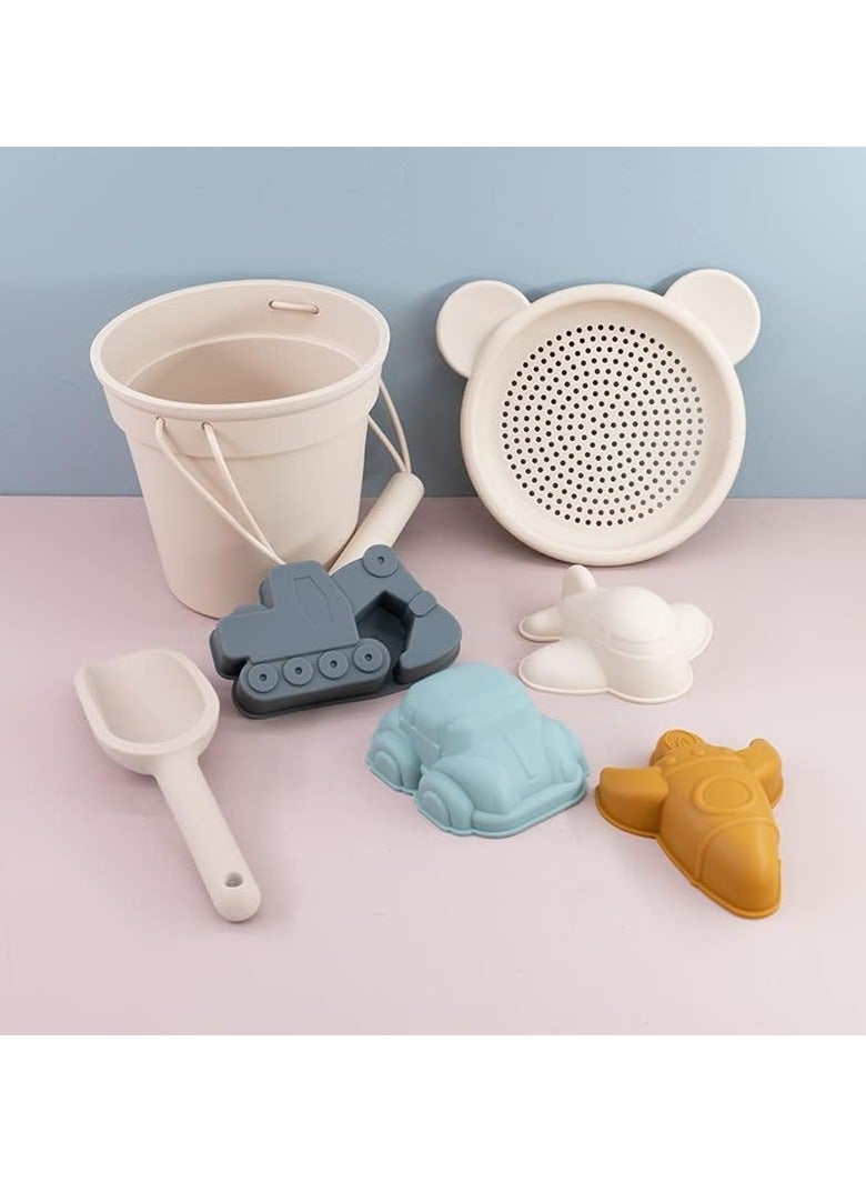 Silicone Beach Toys Accessories for Kids, 7 Piece and Snow Set with Bucket, Shovel, Molds,Toddler Outdoor Playset Beige