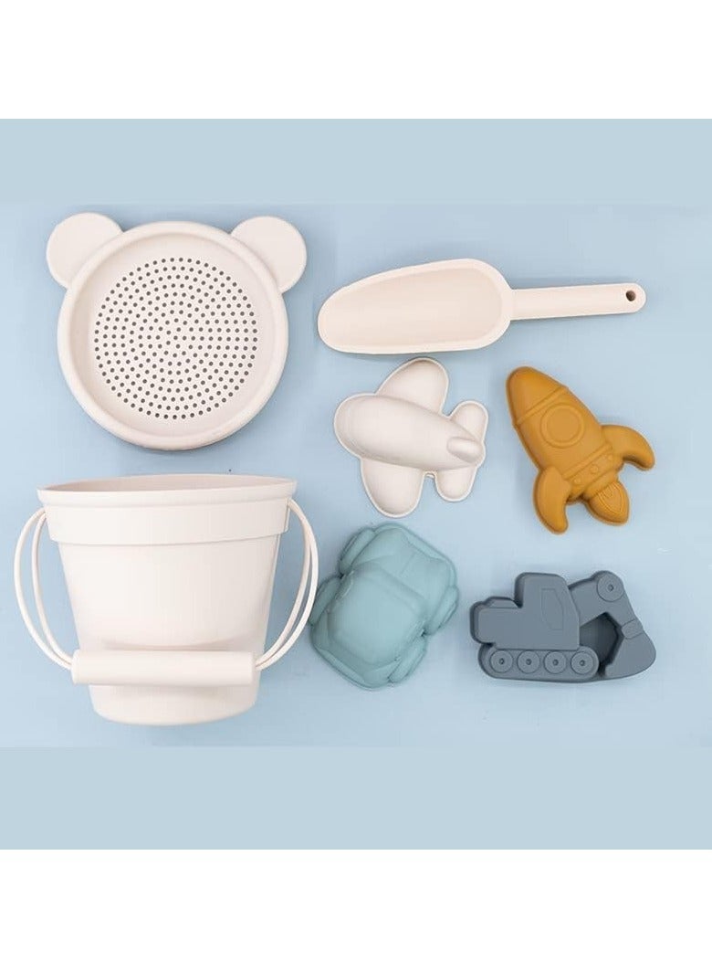 Silicone Beach Toys Accessories for Kids, 7 Piece and Snow Set with Bucket, Shovel, Molds,Toddler Outdoor Playset Beige