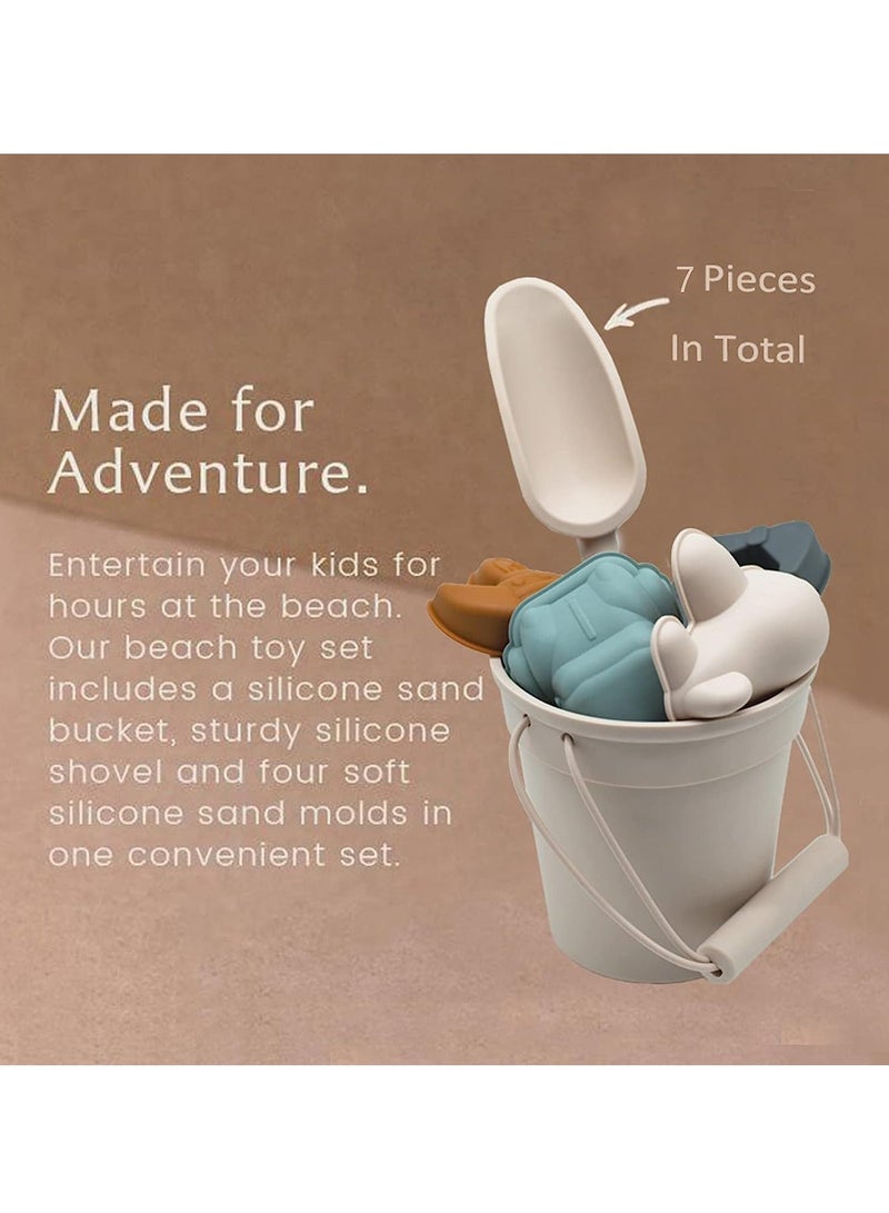 Silicone Beach Toys Accessories for Kids, 7 Piece and Snow Set with Bucket, Shovel, Molds,Toddler Outdoor Playset Beige