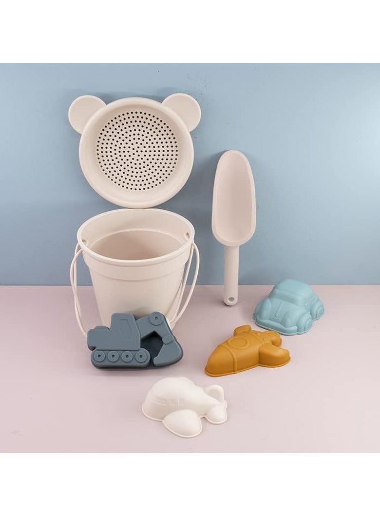 Silicone Beach Toys Accessories for Kids, 7 Piece and Snow Set with Bucket, Shovel, Molds,Toddler Outdoor Playset Beige