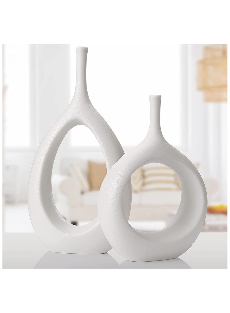 Set of 2 Ceramic White Long Neck Q Vases | Nordic, Boho, Modern Minimalist Design Flower Vase for Elegant Home Décor | Living Room Centerpiece | for Flower Arrangements | Ideal Gift