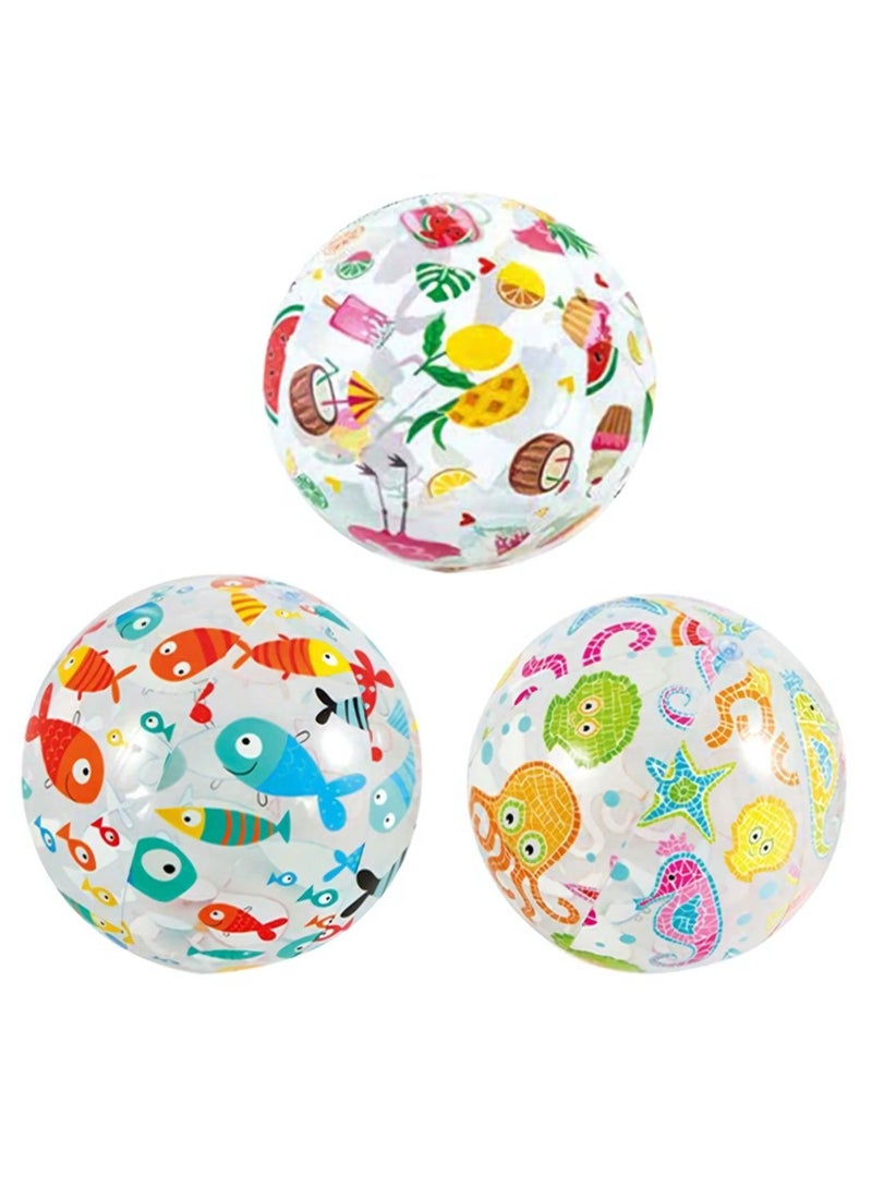 Inflatable Beach Balls, 3 Pcs Kids Pool Handballs, Colorful Sea Life Printed Clear Game Water 33cm Diameter for Summer Party (Random Colors)