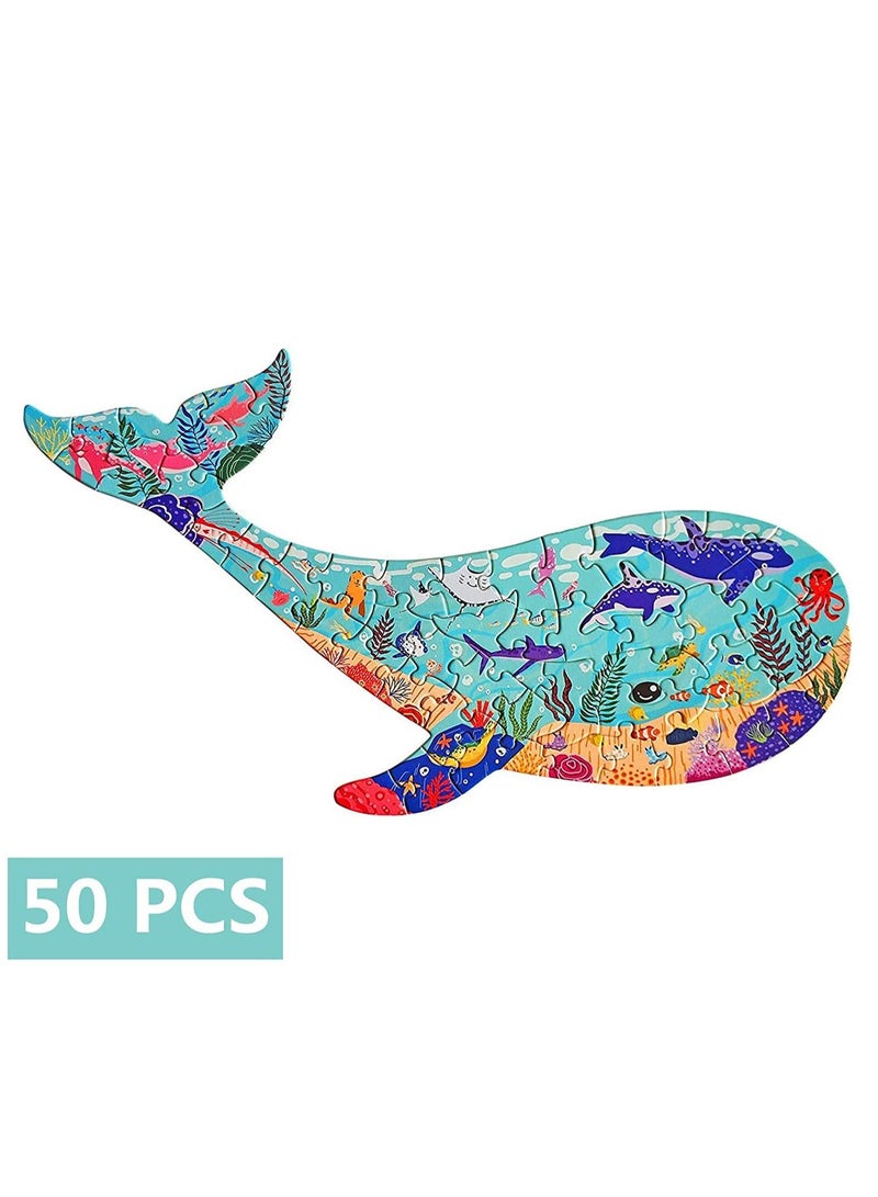 Puzzles for Kids Ages 4-8,8-10, 50 Pieces Whale Animal Shaped Ocean World Floor Jigsaw Gift Children Learning Educational Toys Boys and Girls