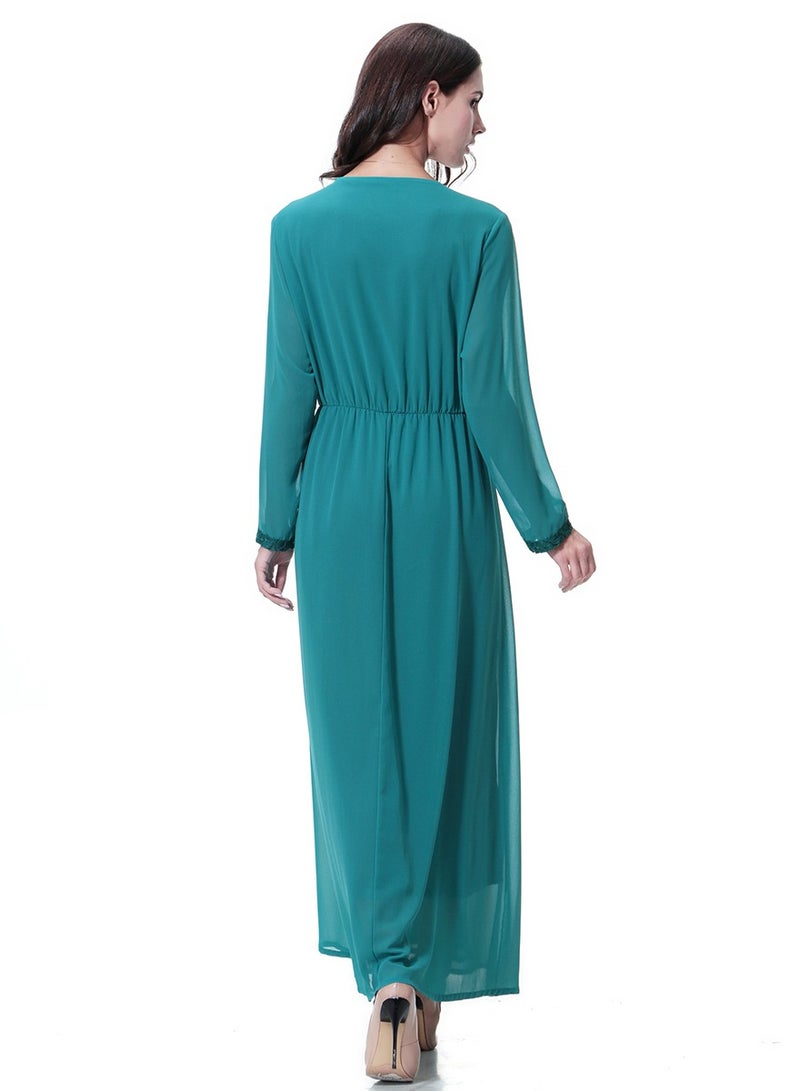 Women's Solid Color Long Sleeve Maxi Long Chiffon Dress Robe Bluish Green