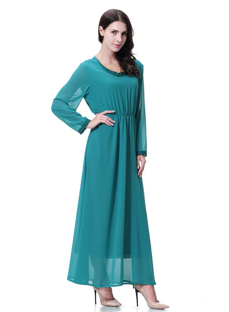 Women's Solid Color Long Sleeve Maxi Long Chiffon Dress Robe Bluish Green