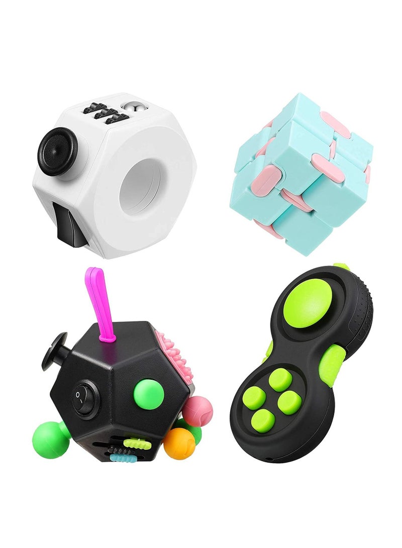 4 Pieces Handheld Mini Fidget Toy Set Include 12-Side Cube, Infinity Cam Controller Pad, Decompression Ring for Teens, Adults to Relieve Pressure, Anxiety