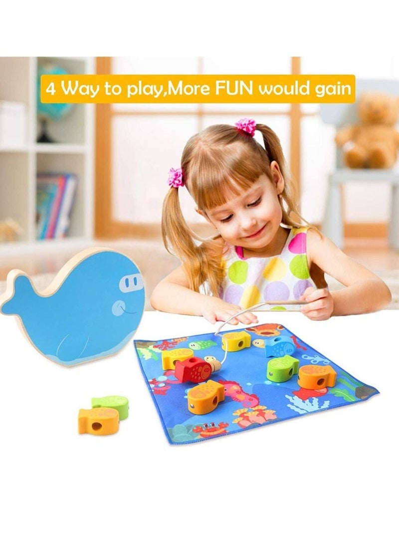 Wooden Toys Fishing Game, 4-in-1 Stacking Toy,Magnetic Rubber Game Blocks Balancing Colorful Playset for Preschool Kids, Early Educational Interactive Gift