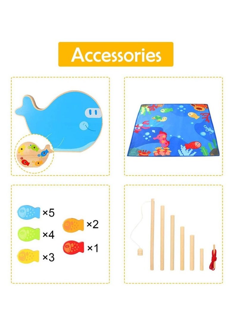 Wooden Toys Fishing Game, 4-in-1 Stacking Toy,Magnetic Rubber Game Blocks Balancing Colorful Playset for Preschool Kids, Early Educational Interactive Gift