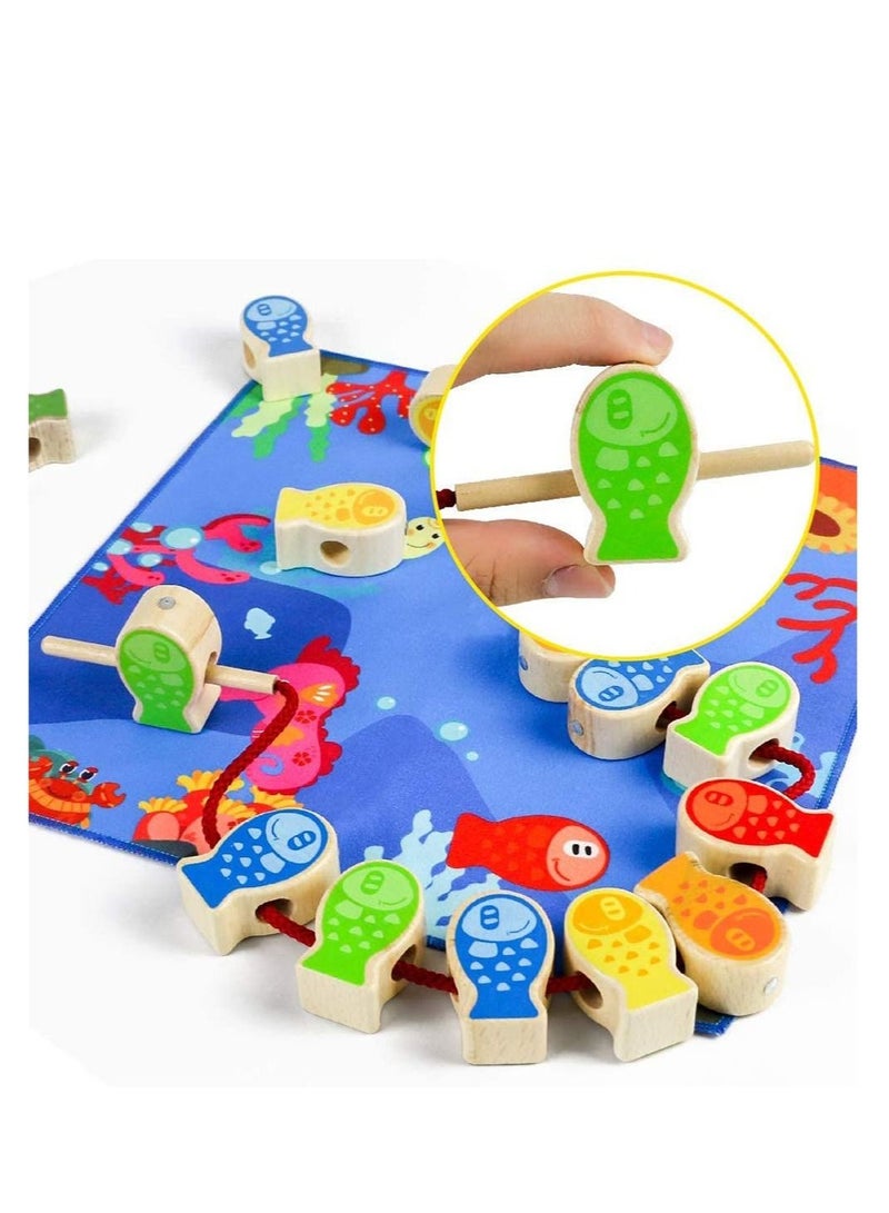 Wooden Toys Fishing Game, 4-in-1 Stacking Toy,Magnetic Rubber Game Blocks Balancing Colorful Playset for Preschool Kids, Early Educational Interactive Gift