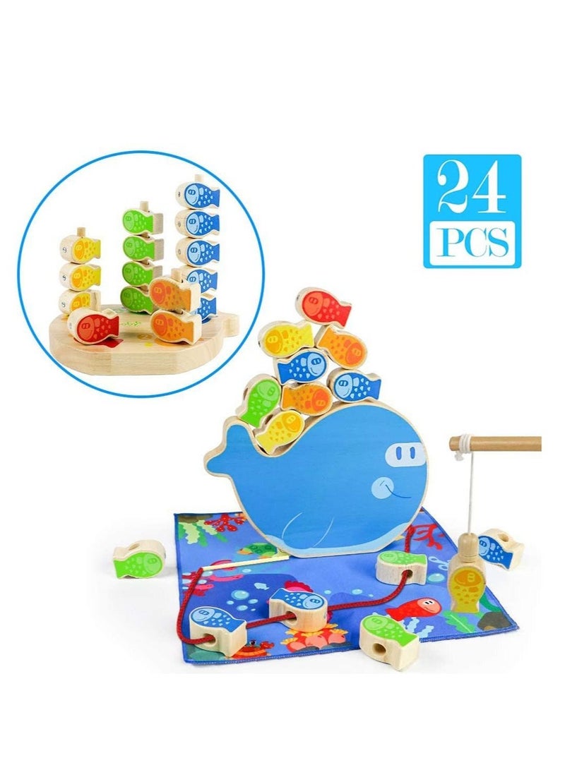 Wooden Toys Fishing Game, 4-in-1 Stacking Toy,Magnetic Rubber Game Blocks Balancing Colorful Playset for Preschool Kids, Early Educational Interactive Gift