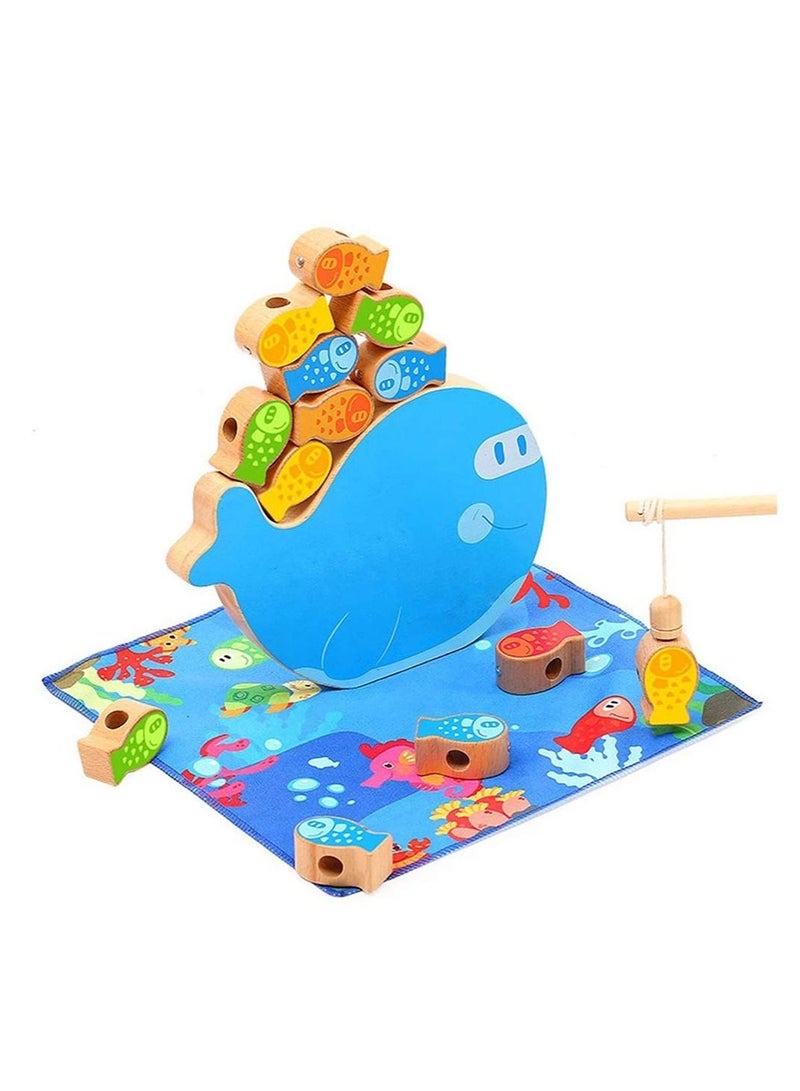 Wooden Toys Fishing Game, 4-in-1 Stacking Toy,Magnetic Rubber Game Blocks Balancing Colorful Playset for Preschool Kids, Early Educational Interactive Gift