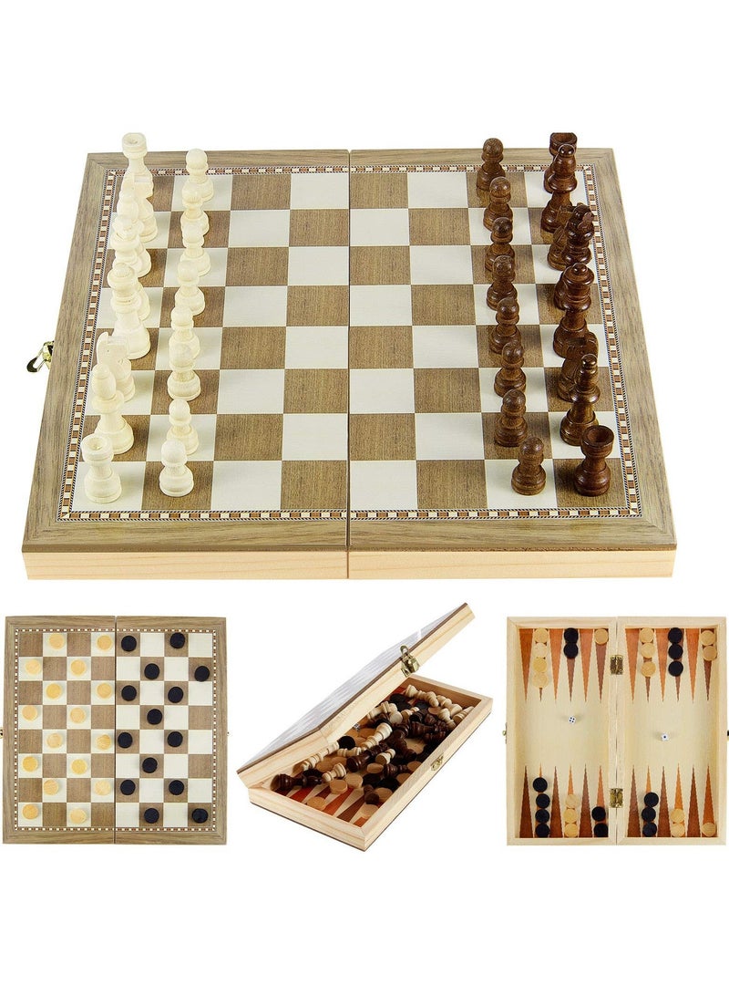 Wooden Chess Set, 3-in-1 Folding Portable Board Game Set and Checkers Backgammon, Interior Storage Travel for Adults Teens, 11.8inche