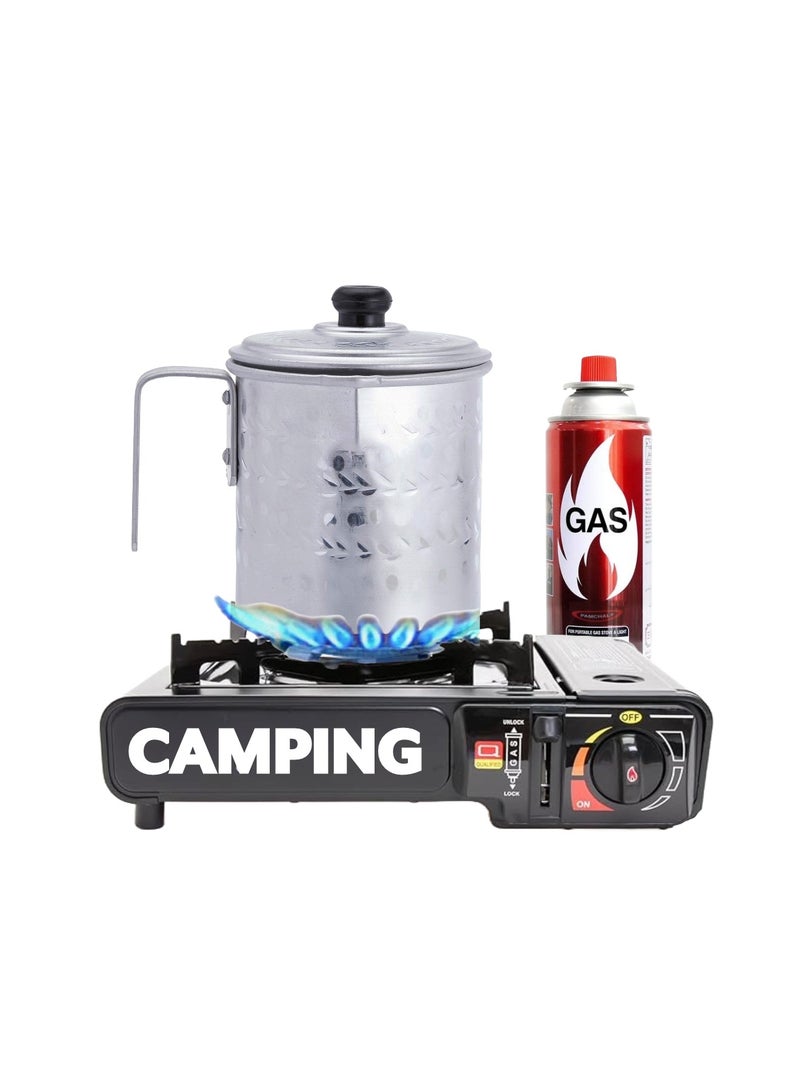 Camping Stove with Box Karak Fountain Chai Kettle  and 2-Pieces Butane Gas Cartridge Black