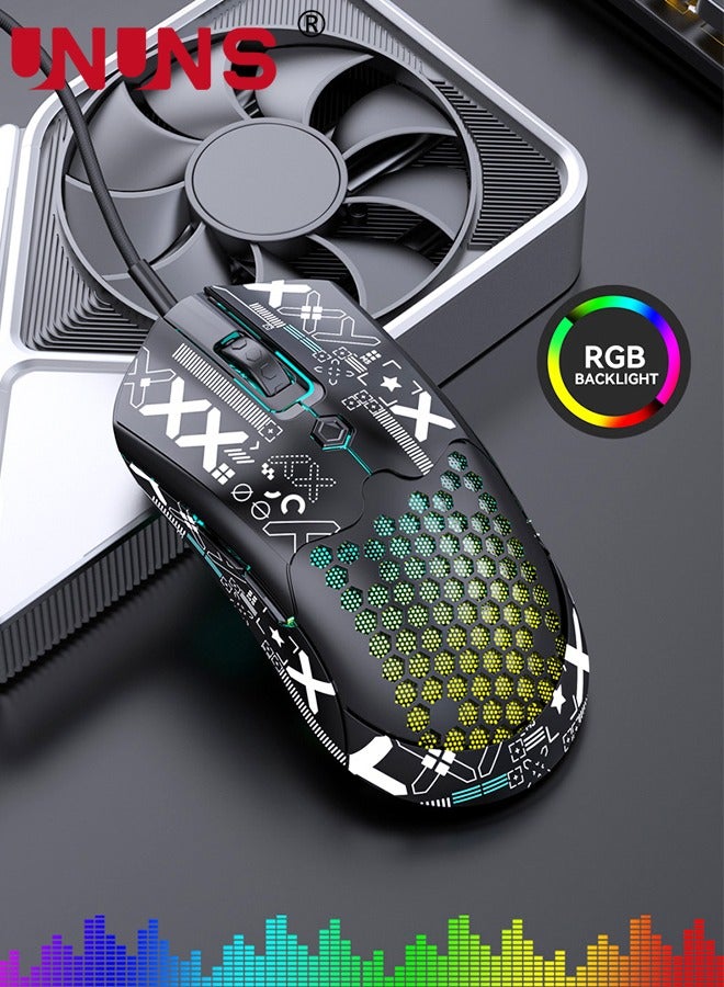Wired Gaming Mouse,M5 RGB Lightweight PC Gaming Mice With 12000 DPI 6 Programmed Buttons,65g Honeycomb Shell,Ultralight Ultraweave Cable,Pixart 3325 Optical Sensor Gamer Mice,Black