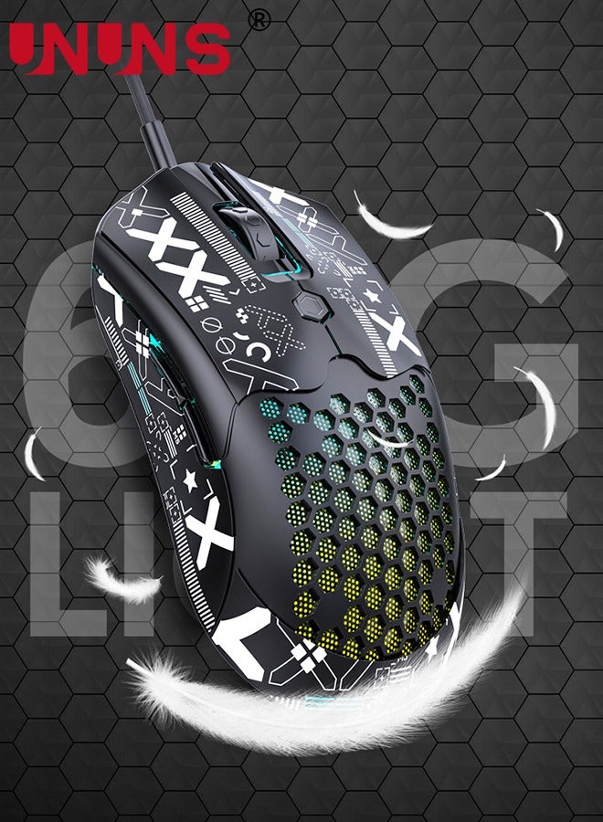 Wired Gaming Mouse,M5 RGB Lightweight PC Gaming Mice With 12000 DPI 6 Programmed Buttons,65g Honeycomb Shell,Ultralight Ultraweave Cable,Pixart 3325 Optical Sensor Gamer Mice,Black