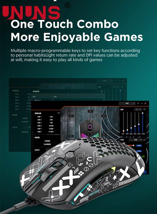 Wired Gaming Mouse,M5 RGB Lightweight PC Gaming Mice With 12000 DPI 6 Programmed Buttons,65g Honeycomb Shell,Ultralight Ultraweave Cable,Pixart 3325 Optical Sensor Gamer Mice,Black