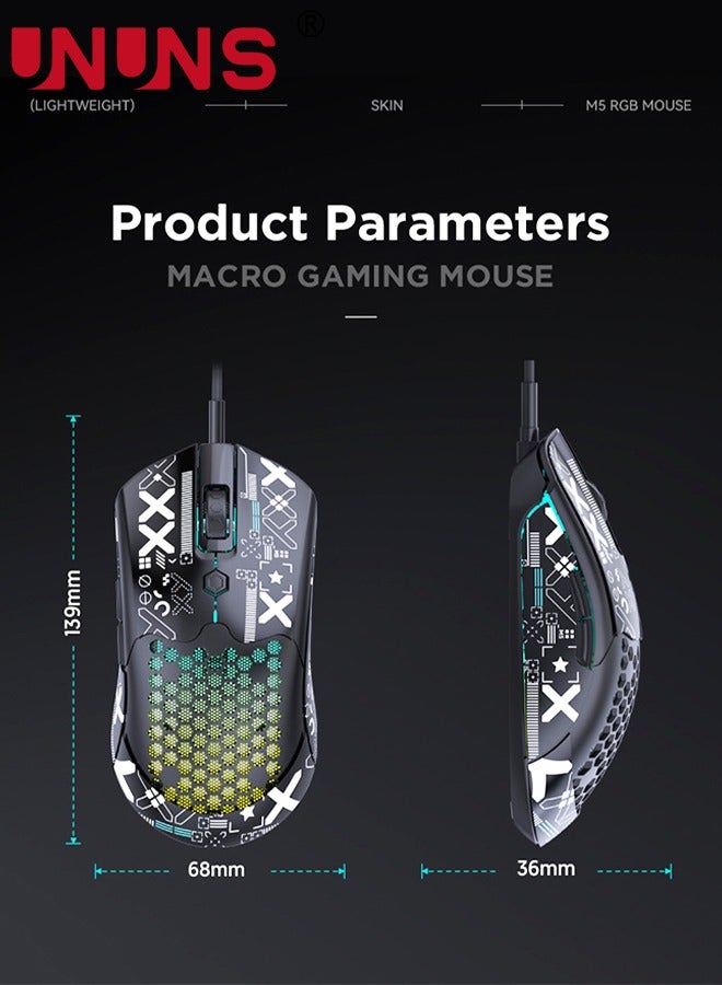Wired Gaming Mouse,M5 RGB Lightweight PC Gaming Mice With 12000 DPI 6 Programmed Buttons,65g Honeycomb Shell,Ultralight Ultraweave Cable,Pixart 3325 Optical Sensor Gamer Mice,Black