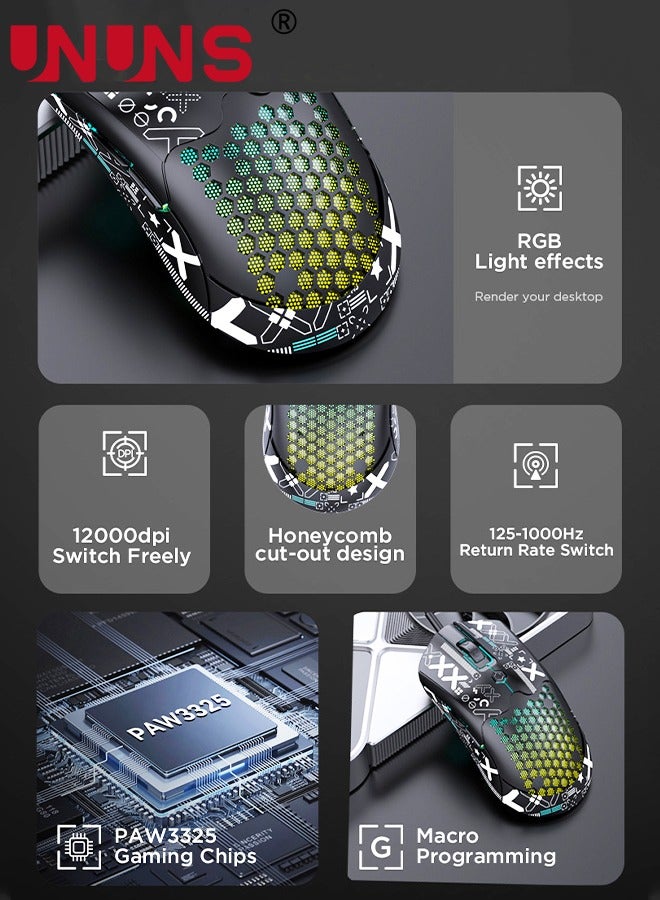 Wired Gaming Mouse,M5 RGB Lightweight PC Gaming Mice With 12000 DPI 6 Programmed Buttons,65g Honeycomb Shell,Ultralight Ultraweave Cable,Pixart 3325 Optical Sensor Gamer Mice,Black