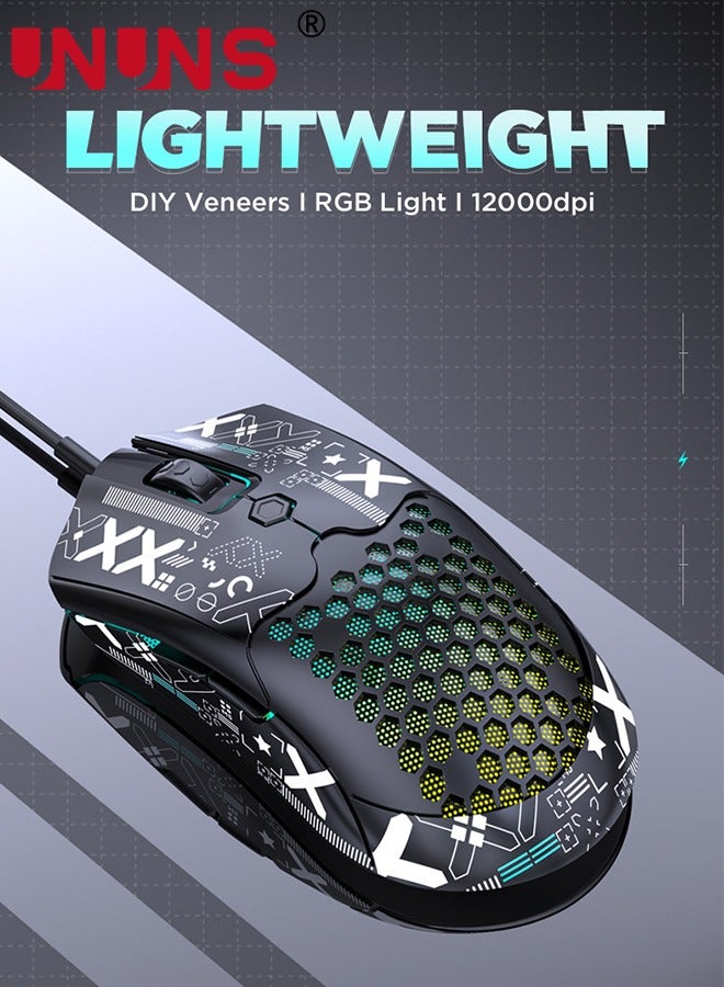 Wired Gaming Mouse,M5 RGB Lightweight PC Gaming Mice With 12000 DPI 6 Programmed Buttons,65g Honeycomb Shell,Ultralight Ultraweave Cable,Pixart 3325 Optical Sensor Gamer Mice,Black