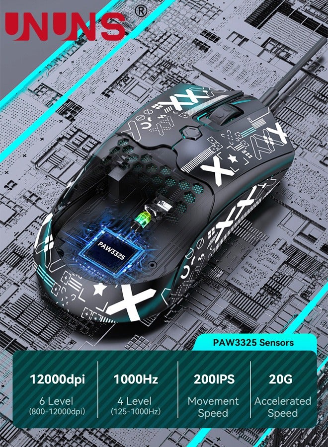Wired Gaming Mouse,M5 RGB Lightweight PC Gaming Mice With 12000 DPI 6 Programmed Buttons,65g Honeycomb Shell,Ultralight Ultraweave Cable,Pixart 3325 Optical Sensor Gamer Mice,Black