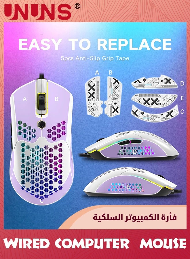 Wired Gaming Mouse,M5 RGB Lightweight PC Gaming Mice With 12000 DPI 6 Programmed Buttons,65g Honeycomb Shell,Ultralight Ultraweave Cable,Pixart 3325 Optical Sensor Gamer Mice,White