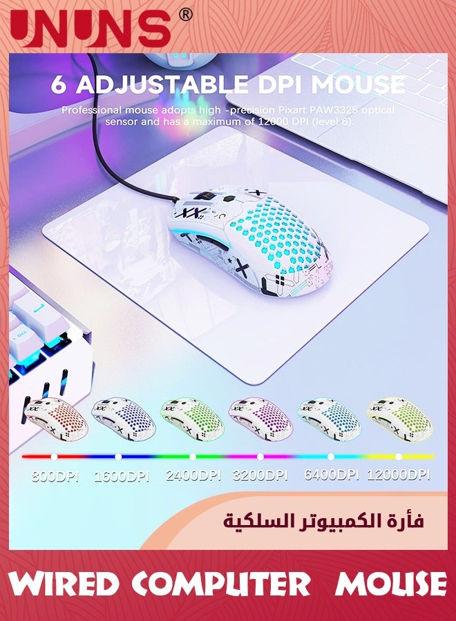 Wired Gaming Mouse,M5 RGB Lightweight PC Gaming Mice With 12000 DPI 6 Programmed Buttons,65g Honeycomb Shell,Ultralight Ultraweave Cable,Pixart 3325 Optical Sensor Gamer Mice,White