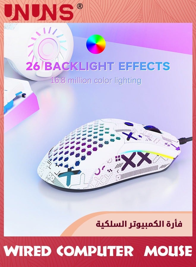 Wired Gaming Mouse,M5 RGB Lightweight PC Gaming Mice With 12000 DPI 6 Programmed Buttons,65g Honeycomb Shell,Ultralight Ultraweave Cable,Pixart 3325 Optical Sensor Gamer Mice,White