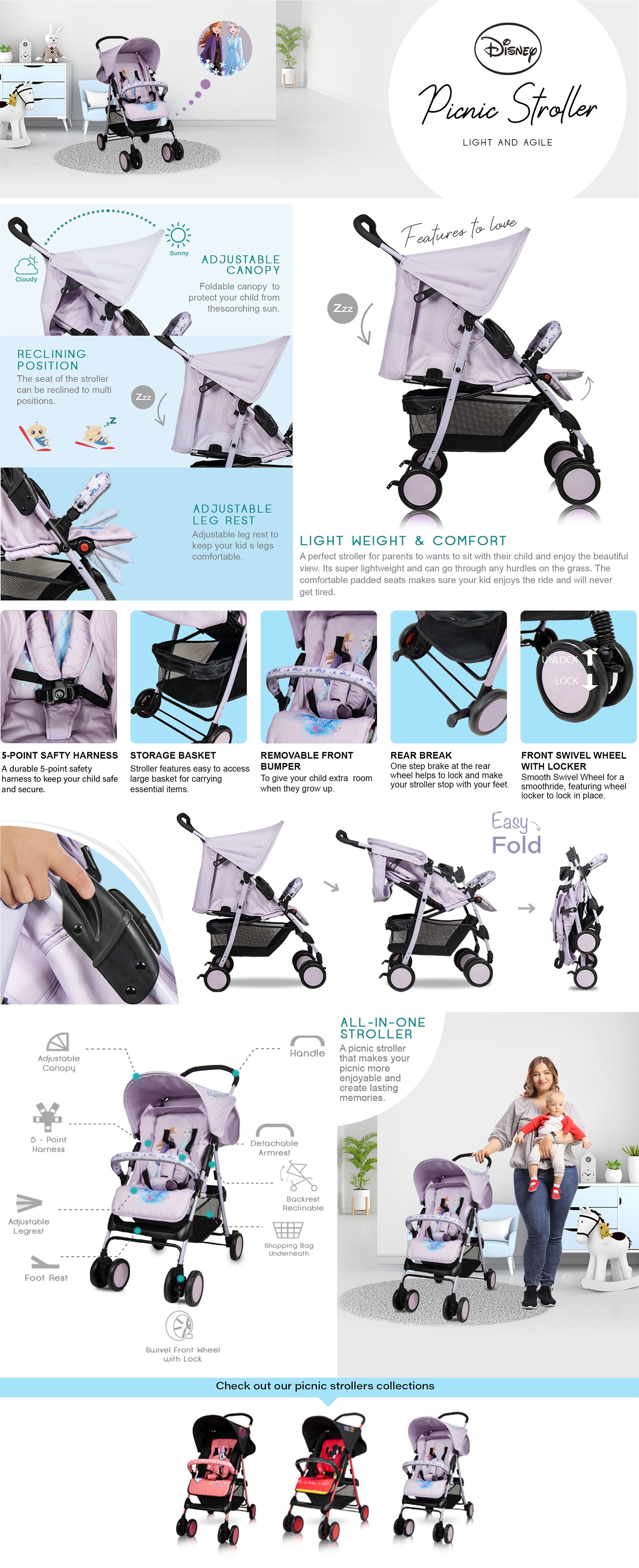 Minnie Mouse Lightweight Adventure Stroller With Storage Cabin
