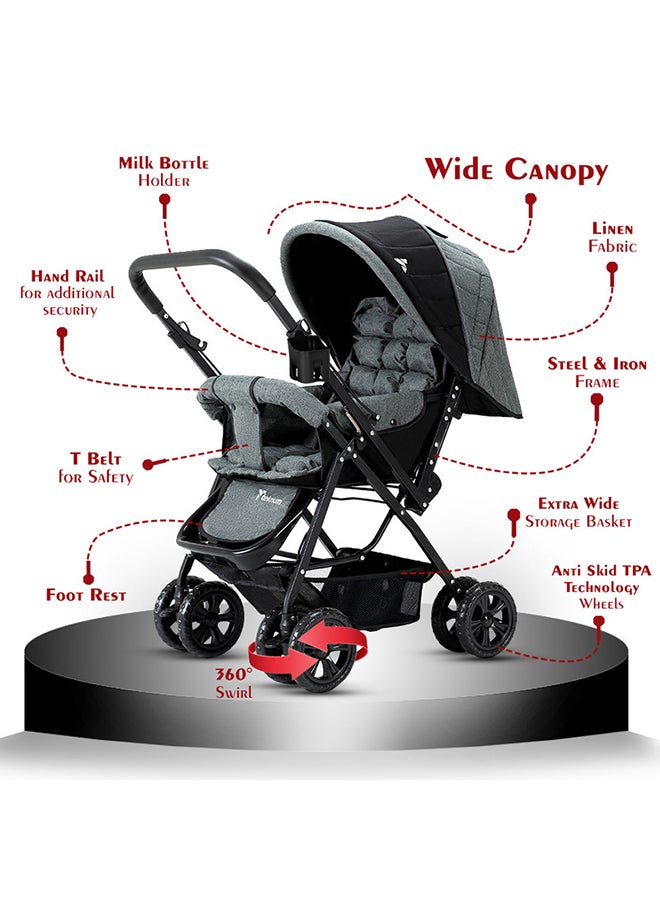 Reversible Trip Stroller And Infant Car Seat Wide Canopy And Seat - Grey