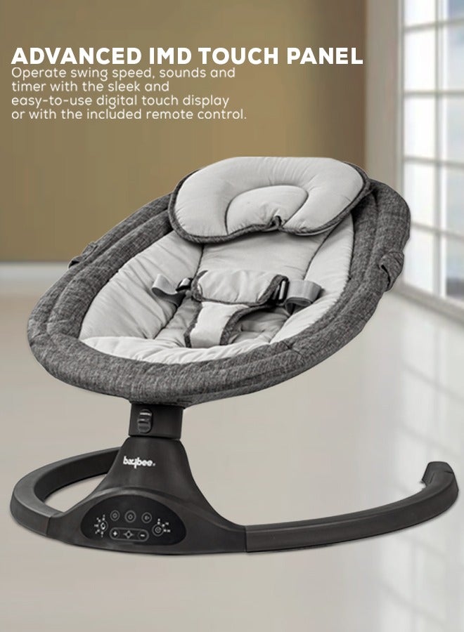 Premium Remote Automatic Electric Baby Swing Chair Cradle  With 5 Adjustable Swing Speed, Soothing Vibrations, Music, Mosquito Net, Safety Belt And Toys, Dark Grey