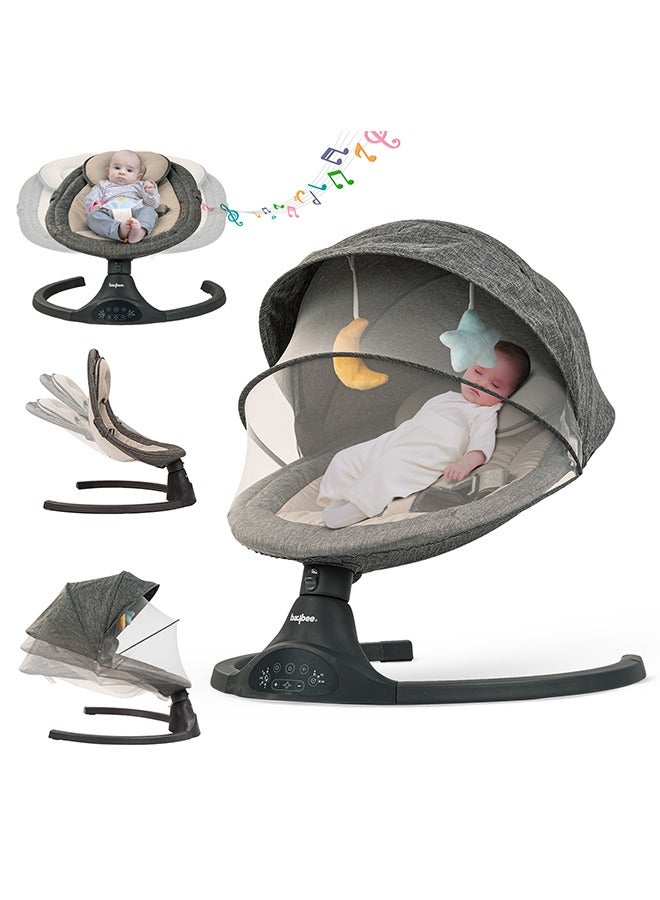 Premium Remote Automatic Electric Baby Swing Chair Cradle  With 5 Adjustable Swing Speed, Soothing Vibrations, Music, Mosquito Net, Safety Belt And Toys, Dark Grey