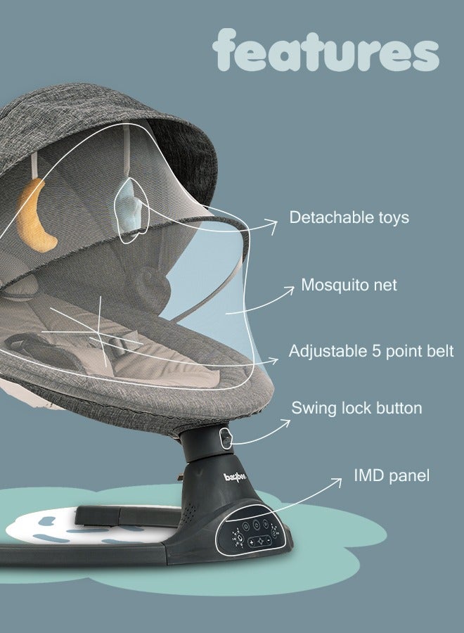 Premium Remote Automatic Electric Baby Swing Chair Cradle  With 5 Adjustable Swing Speed, Soothing Vibrations, Music, Mosquito Net, Safety Belt And Toys, Dark Grey