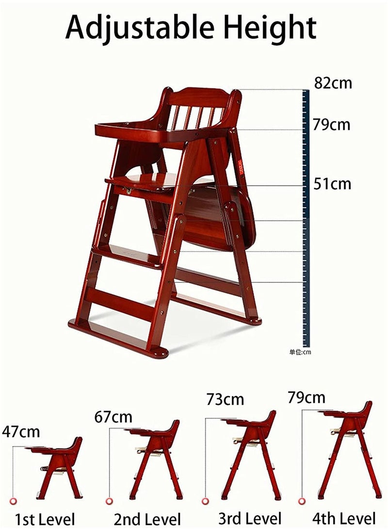 Baby High Chair Wooden Design Foldable Dining Chair with adjustable Hight (cherry red)