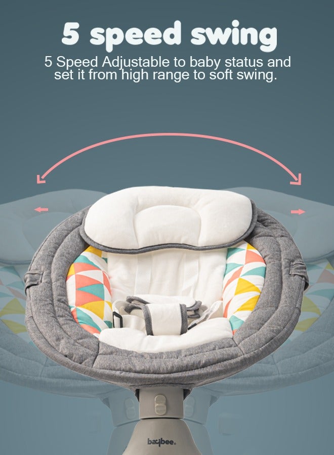 Premium Automatic Electric Baby Swing Chair Cradle for baby With 5 Adjustable Swing Speed Remote Electric Swing with Soothing Vibrations Music Mosquito Net Safety Belt Kids Toys Swing for Babys Grey