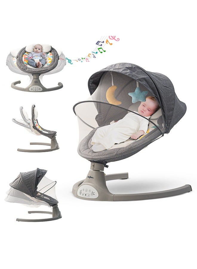 Premium Automatic Electric Baby Swing Chair Cradle for baby With 5 Adjustable Swing Speed Remote Electric Swing with Soothing Vibrations Music Mosquito Net Safety Belt Kids Toys Swing for Babys Grey