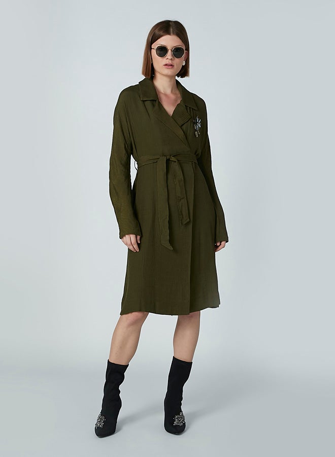 Collared Neck Long Sleeve Coat Green