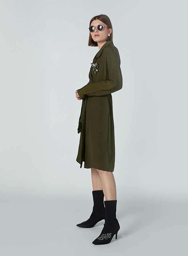 Collared Neck Long Sleeve Coat Green