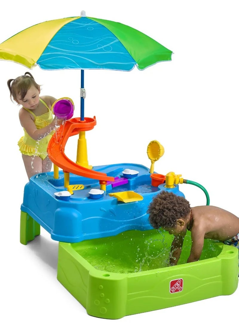 Waterpark Wonders Two-Tier Water Table, Kids Water Activity Sensory Playset, Comes with Umbrella, Summer Outdoor Toys, 11 Piece Toy Accessories, for Toddlers 1.5+ Years Old