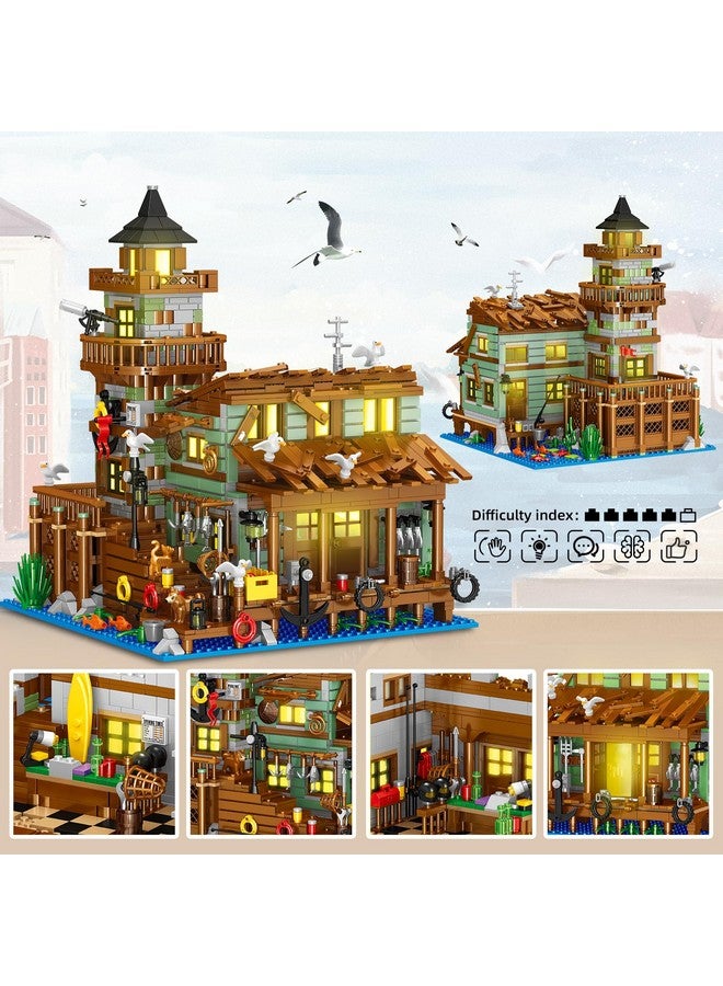 Fishing Village Store House Building Set With Led Light 1881 Pcs Wood Cabin Mini Building Block Stem Architecture Toys Kit Birthday Gift For Adults Ages 812+ Years（Not Compatible With Lego Set ）