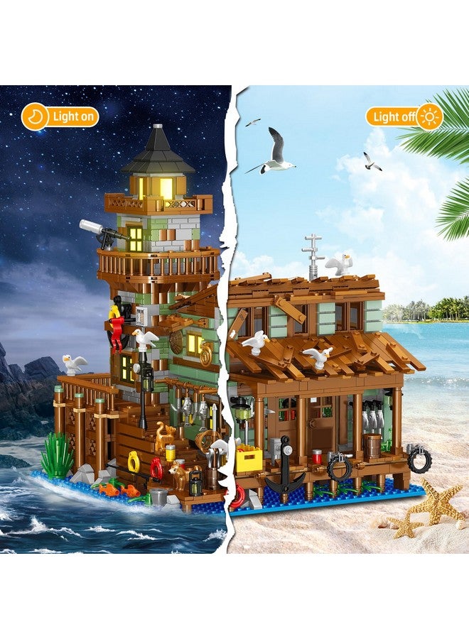 Fishing Village Store House Building Set With Led Light 1881 Pcs Wood Cabin Mini Building Block Stem Architecture Toys Kit Birthday Gift For Adults Ages 812+ Years（Not Compatible With Lego Set ）