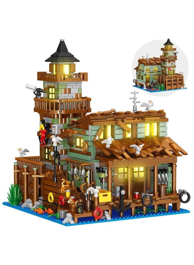 Fishing Village Store House Building Set With Led Light 1881 Pcs Wood Cabin Mini Building Block Stem Architecture Toys Kit Birthday Gift For Adults Ages 812+ Years（Not Compatible With Lego Set ）