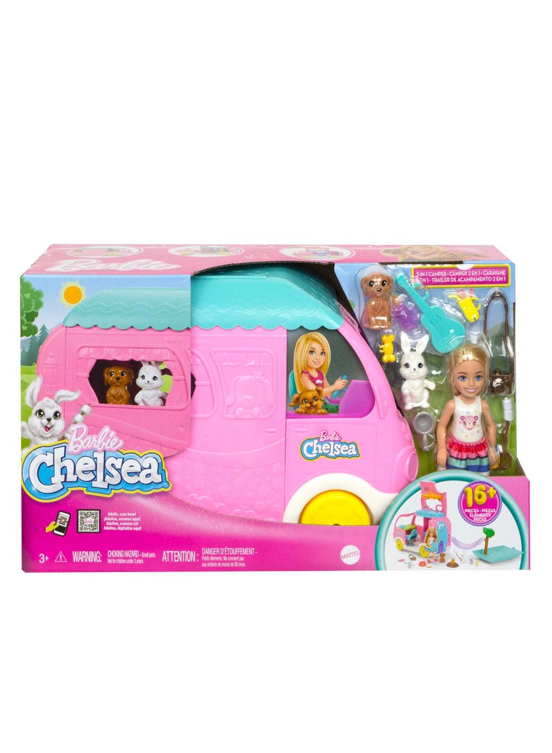 Chelsea 2-In-1 Camper Playset With Chelsea Small Doll, 2 Pets And 15 Accessories