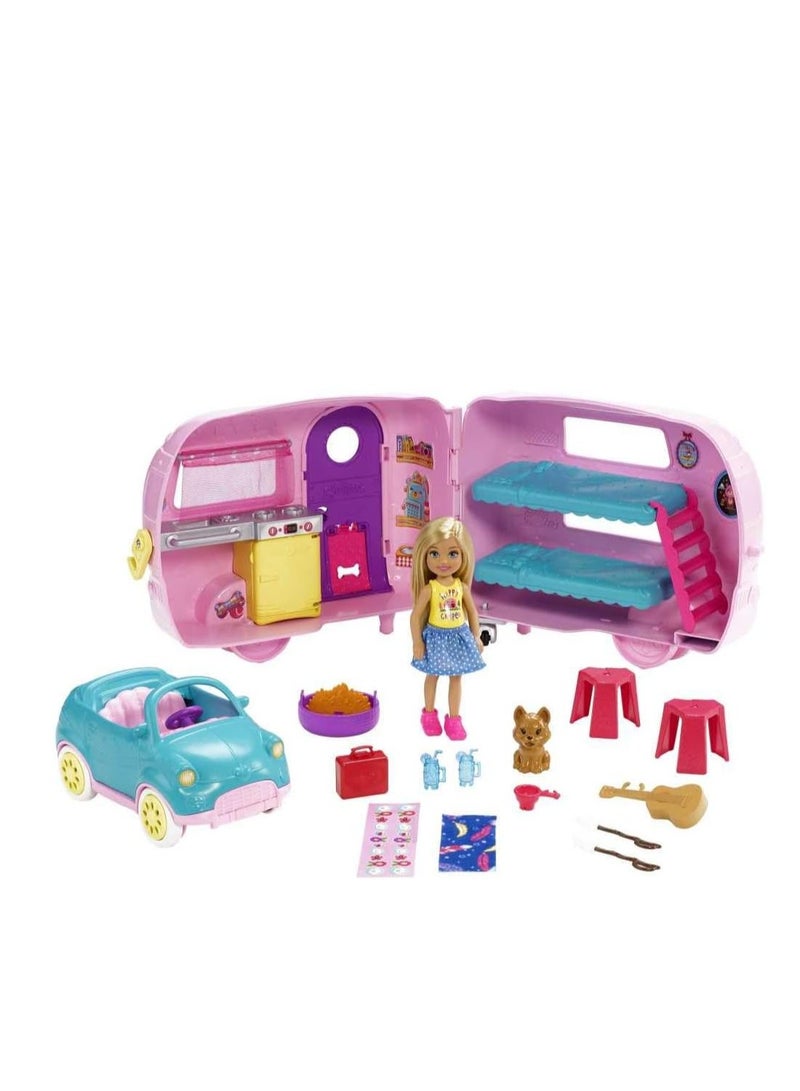 Chelsea 2-In-1 Camper Playset With Chelsea Small Doll, 2 Pets And 15 Accessories