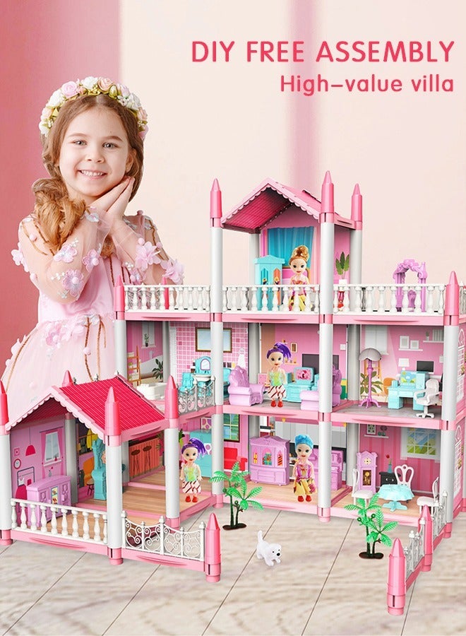 Doll House, 3 Story 9 Rooms Villa House, DIY Building Playset, Decorating Dollhouse Accessories and Furniture, DIY Building Playset Gift for kids