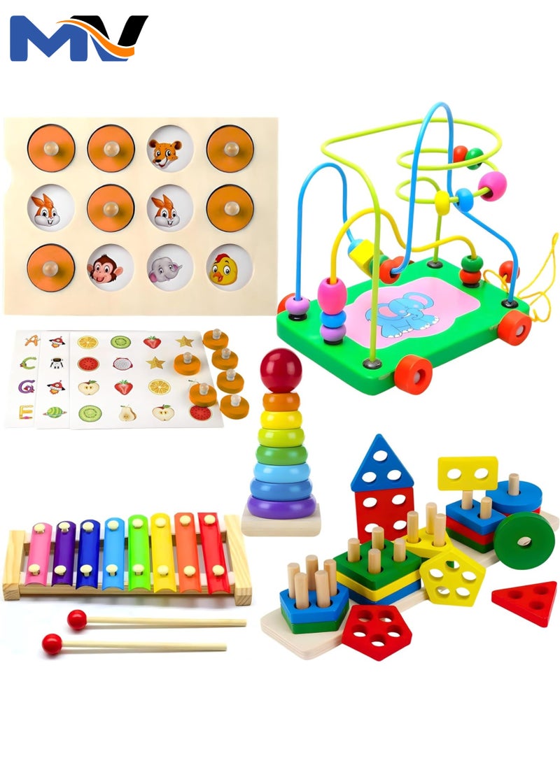 5pcs Wooden Early Education Baby Toys, (Sorting & Stacking Toys + Piano Xylophone + Bead Maze Roller Coaster + Color Balls Sorting + Memory Matching Board) Toddlers Montessori Toys for Kids