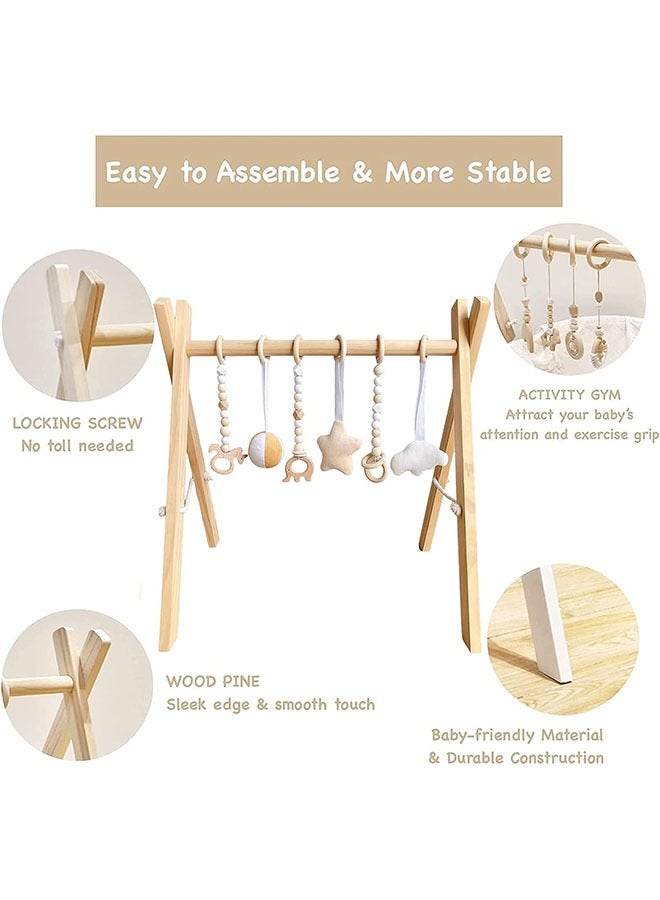 Wooden Baby Gym with 6 Hanging Toys Foldable Baby Play Gym Frame Activity Gym Hanging Bar Newborn Gift Baby Girl and Boy Gym，Baby Toys for Perfect 0-1.5 Years Baby (style 8)